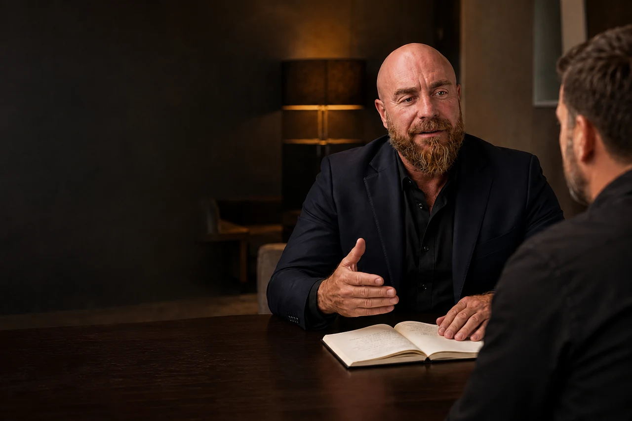 Eduardo Bestard conversando con un profesional al otro lado de una mesa durante una sesion de mentoria