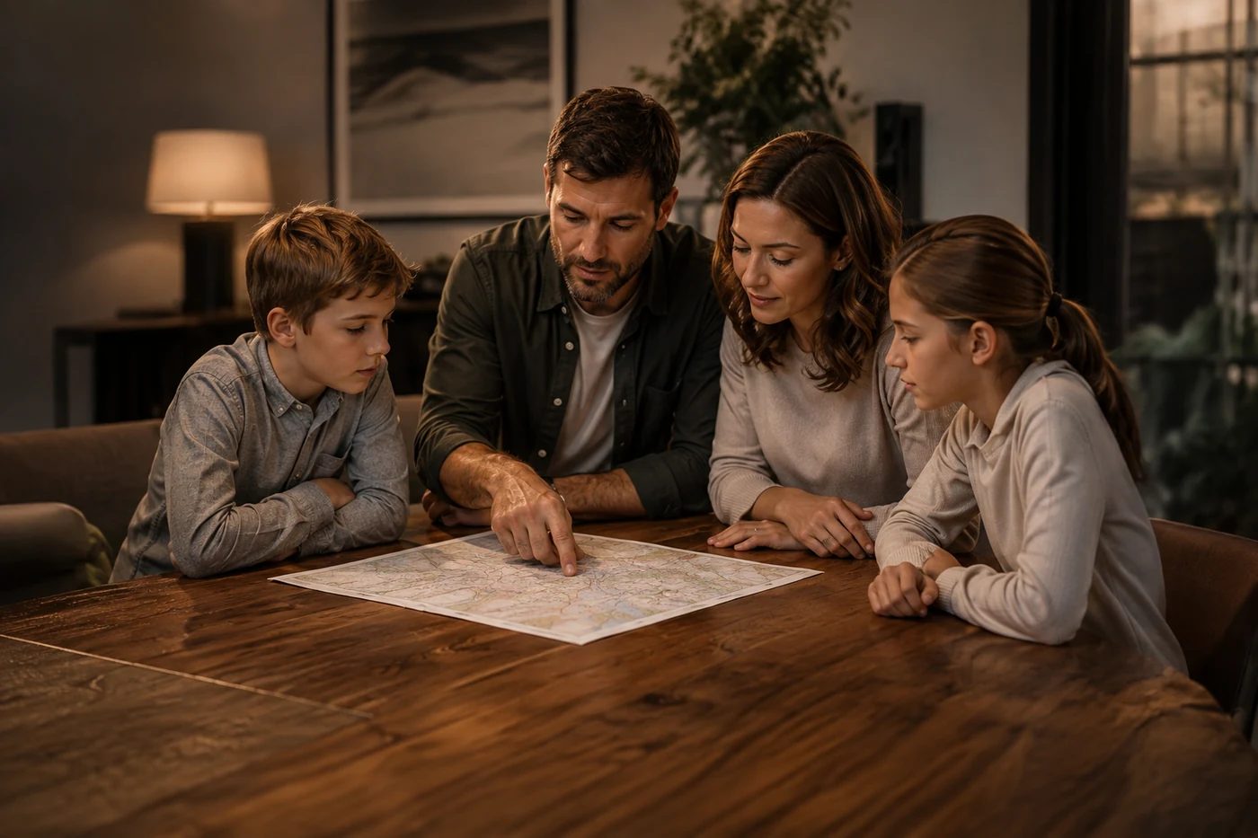 Una familia estudia un mapa desplegado sobre la mesa del salón