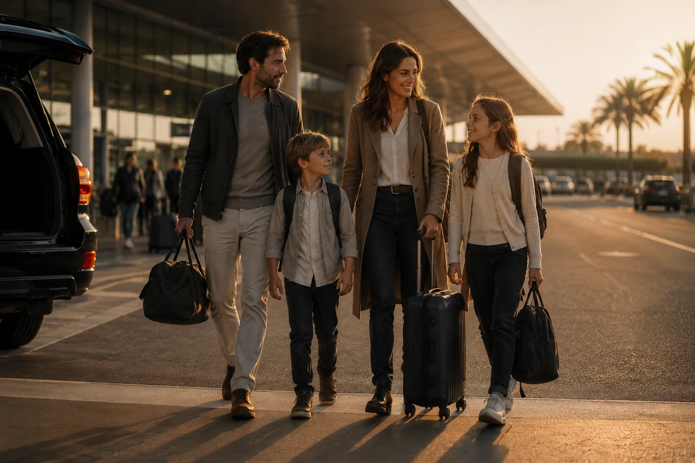 Una familia camina con su equipaje por la terminal de un aeropuerto